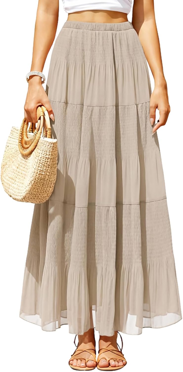 Women's Chiffon Pleated Maxi Skirt Elastic High Waisted Boho A-Line Fall Flowy White Long Skirts with Lining