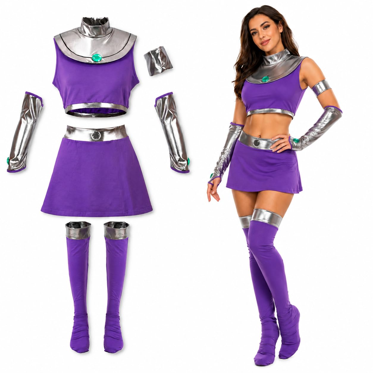 6Pcs Starfire Costume Set, Women Purple Princess Outfit Halloween Cosplay