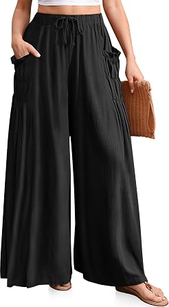 TARSE Womens Wide Leg Linen Pants Flowy Casual Palazzo Trousers | Elastic Drawstring Loose Fit, Ruffle Pocket, Casual Boho Trousers, Summer Beach Travel Vacation Outfits