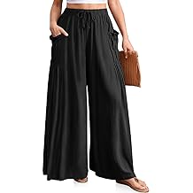 Women Linen Palazzo Pants Summer Wide Leg Boho Drawstring Casual Lounge Pant Beach Travel Vacation Outfits