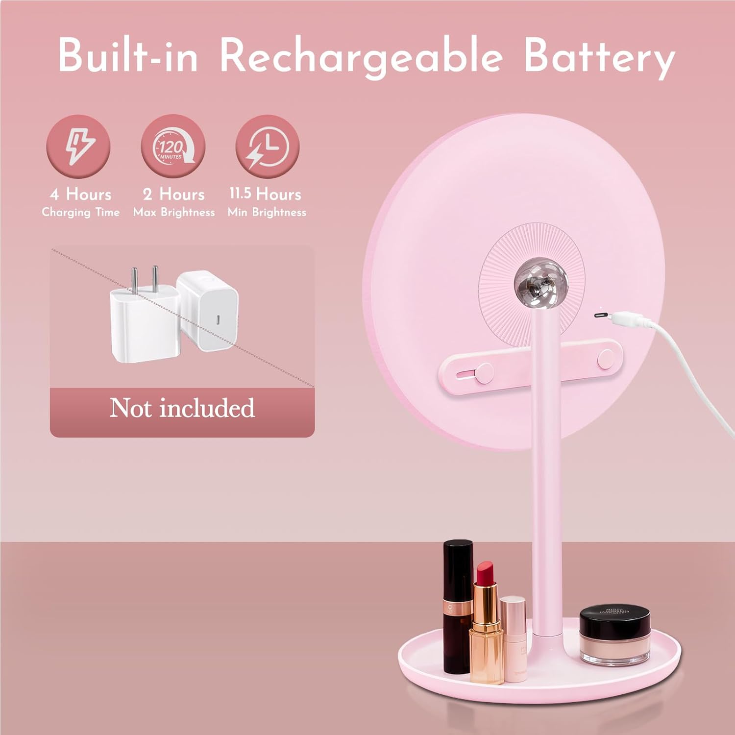 Makeup Mirror with Lights, 4-in-1 Rechargeable Magnetic 360° Rotation Pink Vanity Mirror, 3 Colors & Brightness Adjustable, Detachable, Lighted Makeup Mirror for Desk, Travel