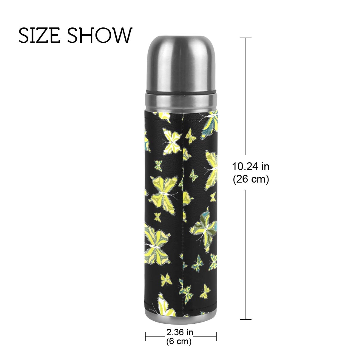Taza de viaje aislada al vacío de acero inoxidable con doble pared a prueba de fugas, botella de color con impresión de mariposa, personalizable impresa en piel auténtica, termo de 500 ml