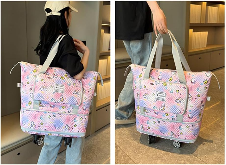 Travel Tote Bags with Trolley Sleeve Expandable Extra Waterproof Rainbow Oxford Duffel Bag with Wheels (Rainbow Pink, Small)