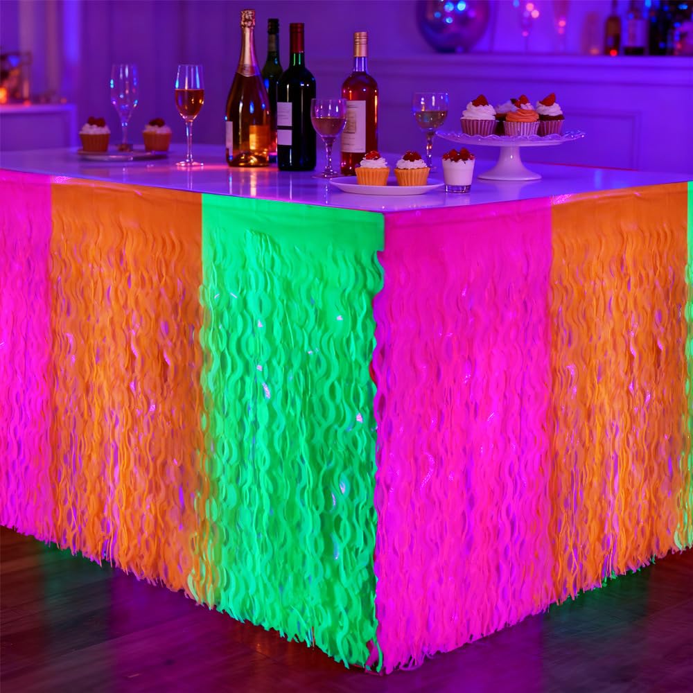 KARLOR Neon Table Skirt with Fringes, UV Party Decoration, Fluorescent Pink, Orange, Yellow, Self-Adhesive Tablecloths, Table Decoration for UV Glow Party, Hawaii Luau Party Decoration, 75 x 275 cm