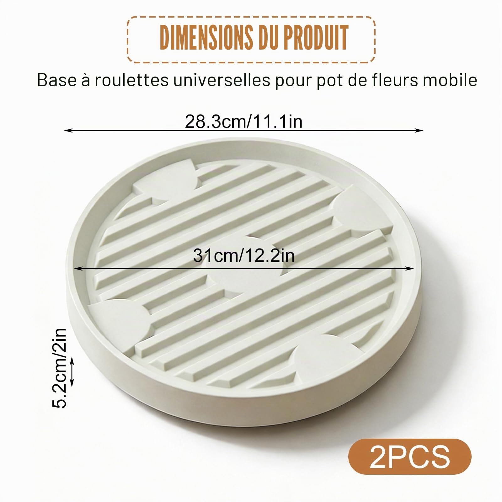 GOMETY 2 Pièces Support de Plante à roulettes Rond 31cm, Plateforme Roulante 360° avec roulettes Invisibles, Charge 75 kg, Plastique Durable pour Pots de Fleurs Intérieur/Extérieur, Blanc Cassé