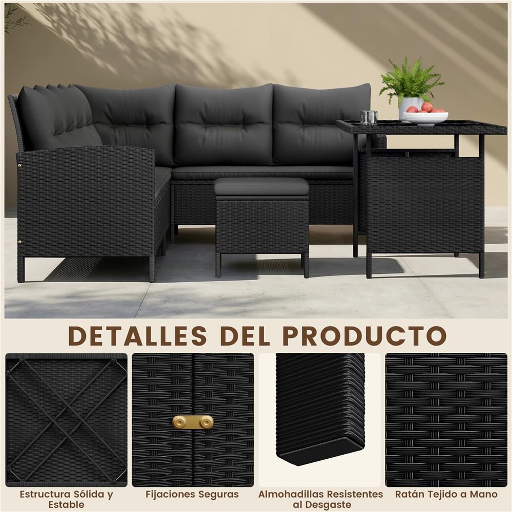 Yaheetech Juego de Muebles de Jardín 4 Piezas, Sofás de Ratán para Exterior con Mesa de Vidrio Templado Mesa y Sillas para Balcón Terraza Patio, Negro/Gris - 5