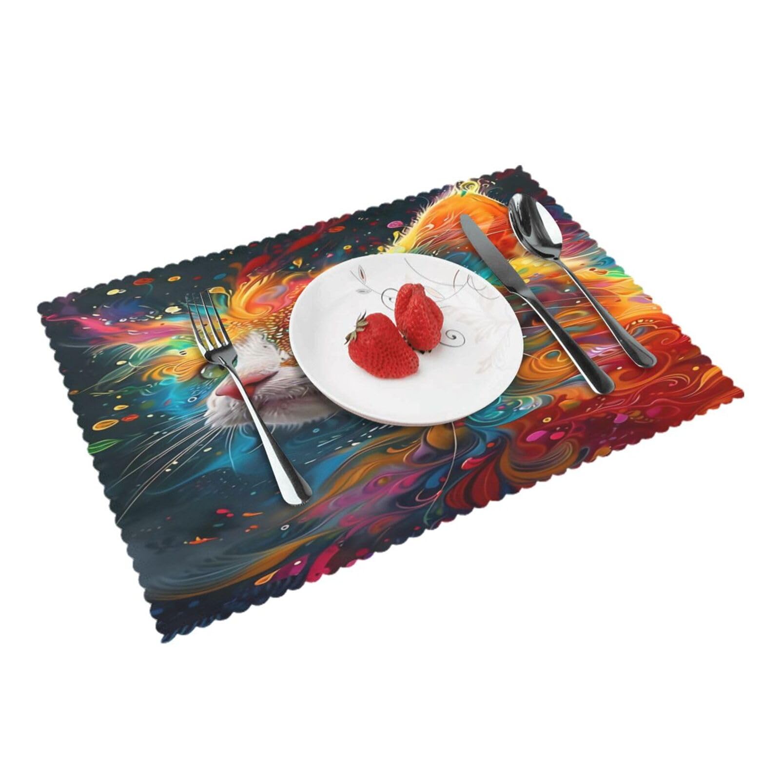 Colorful Cosmic Cat Placemats Set of 4 Print Table Mats Place Mats Table Decor for Kitchen Dining 12X18 in