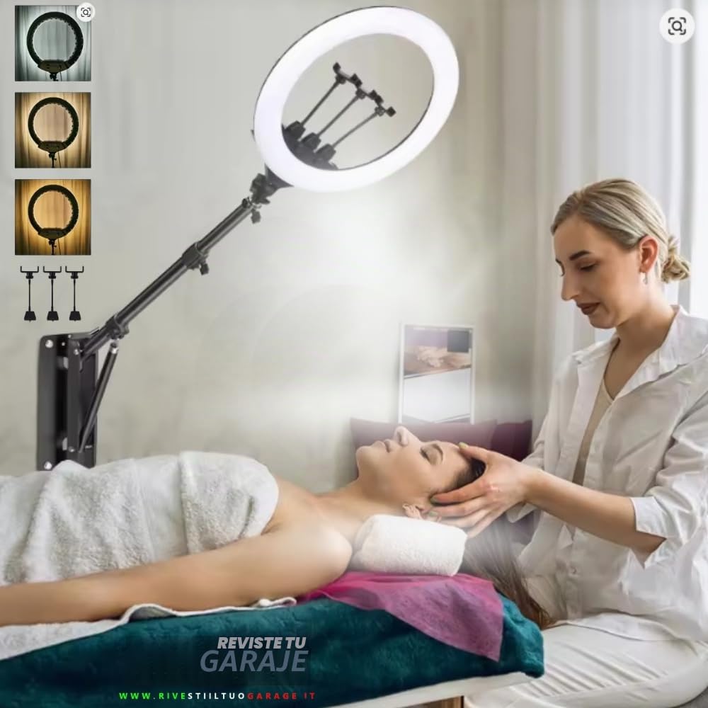 Anillo LED regulable + mando a distancia + soporte brazo pared techo 360° barber shop esteticista salón 2700k-6500k