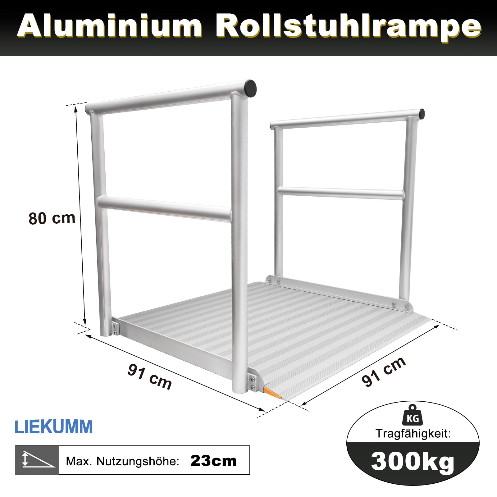 LIEKUMM Rollstuhlrampe mit Handläufen Alu, 91 cm lang Türschwellenrampe | Rampe Rollstuhl Extra Breite, rutschfest Schwellenrampe Für Bordsteinkanten, Scooter, Rollatoren , max. 23 cm Schwellenhöhe