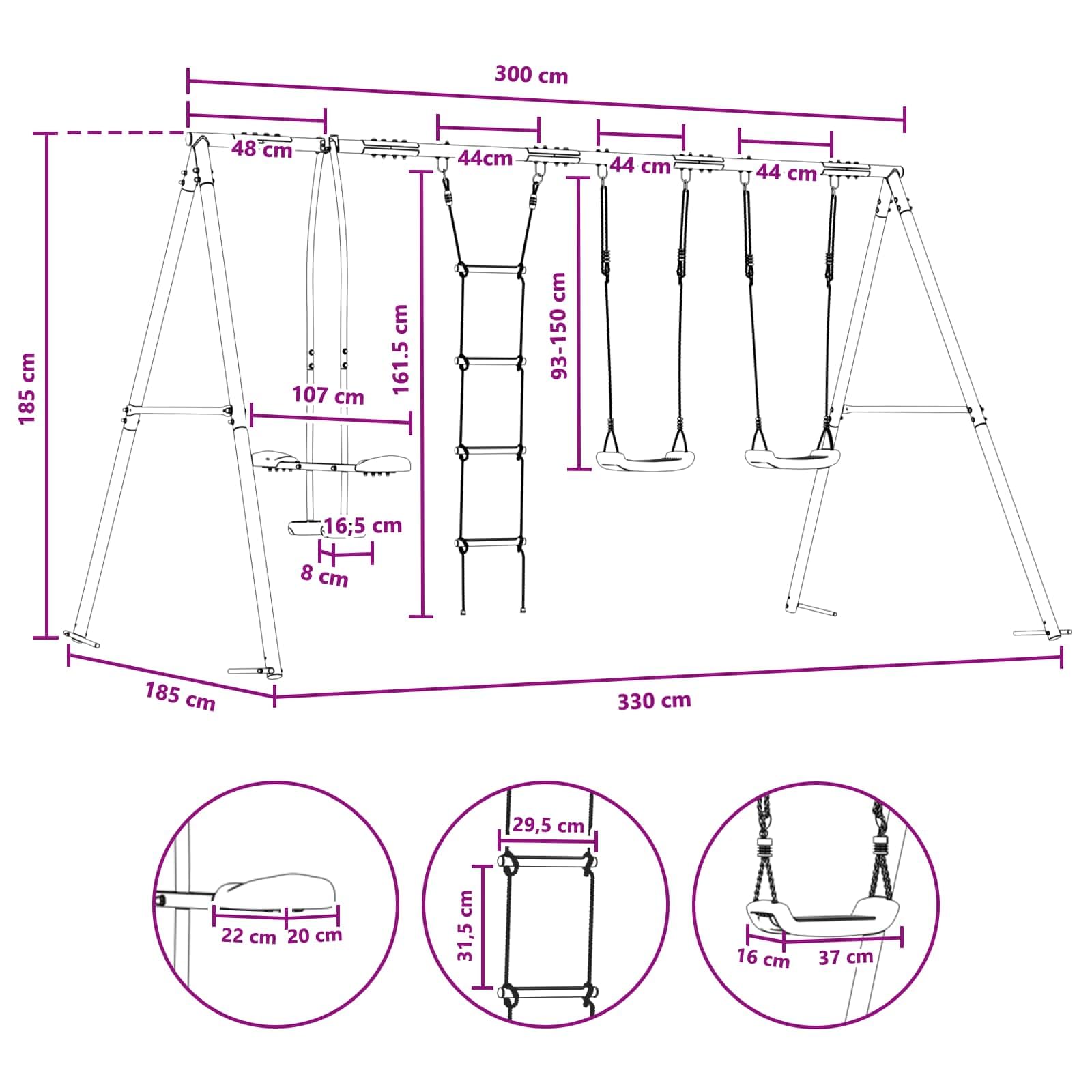 Mehrfarbiges Outdoor Schaukelset 330 x 185 x 185 cm Stahl PE Spielplatz für Kinder ab 3 Jahren mit höhenverstellbarem Sitz wetterfestem Rahmen und Zubehör
