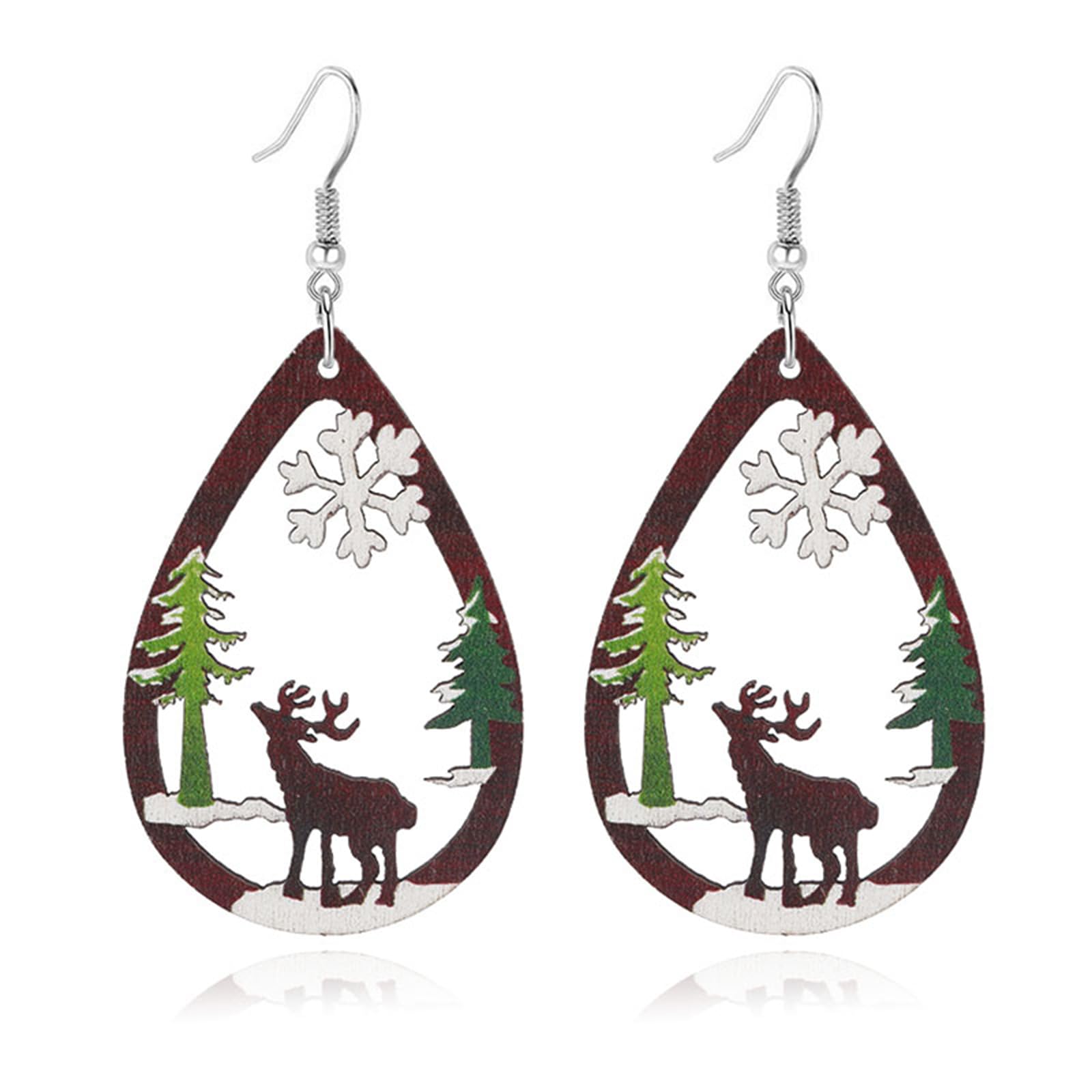 Dreuyet Christmas Wooden Dangle Earrings Cute Christmas tree Santa Claus Snowman Earrings for Women Xmas Earrings Christmas Jewelry