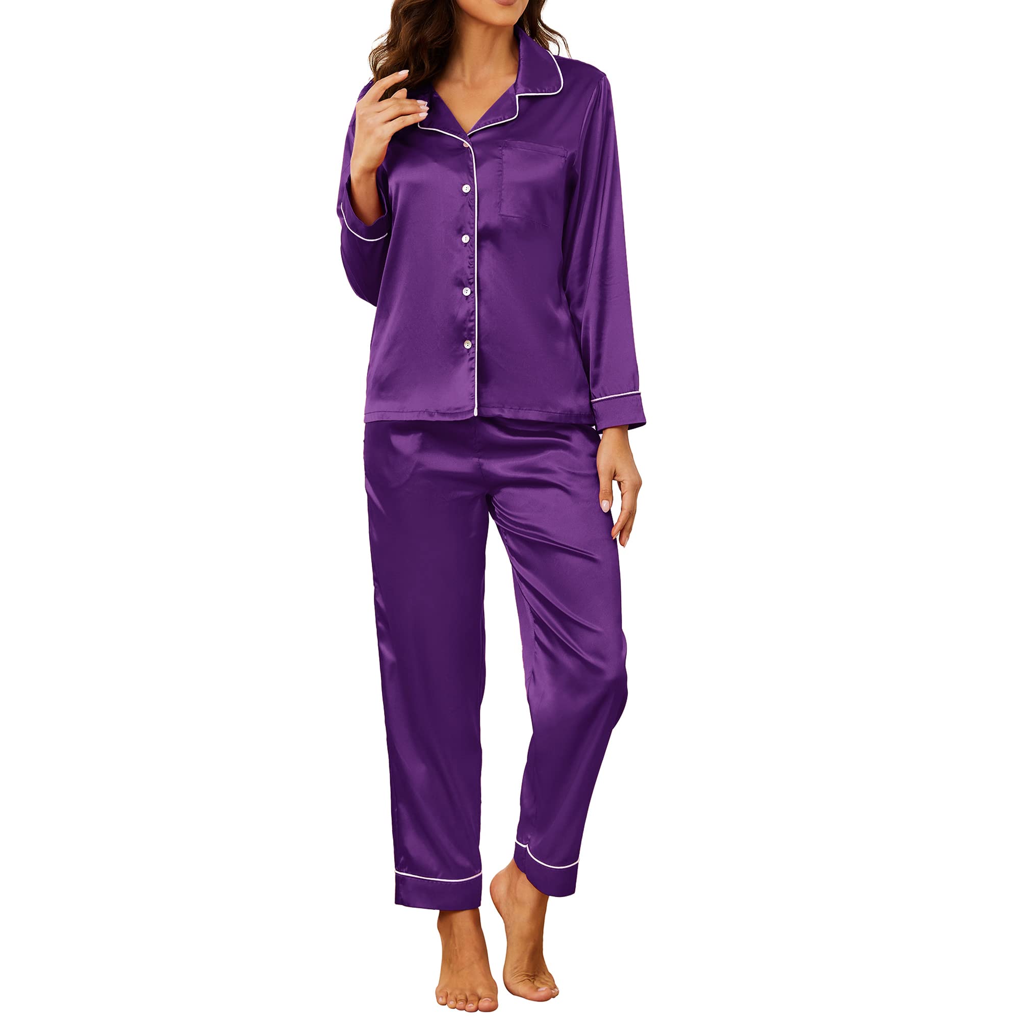 U2SKIIN Women Silk Pajamas Set, Long Sleeve Satin Pajamas for Women Sleepwear Button Down Pjs Set Two-Piece