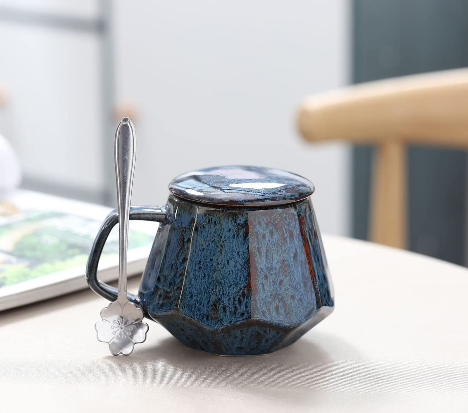 Kaffeetassen aus Keramik im Vintage-Stil, 340 ml, Espressotassen und Untertassen, einzigartige handgefertigte Tasse, kleine oder doppelte Espressotassen, Kaffeetasse mit Deckel (FA