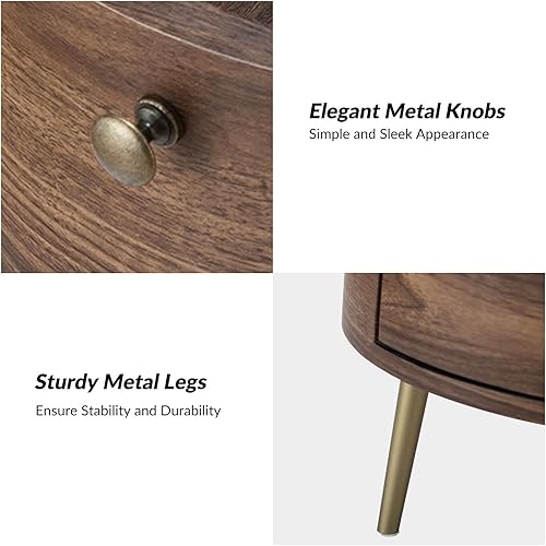 Miniatura 6 de HULALA HOME Mesa auxiliar redonda con 3 cajones de almacenamiento, mesa auxiliar moderna de mediados de siglo con patas de metal, mesa auxiliar