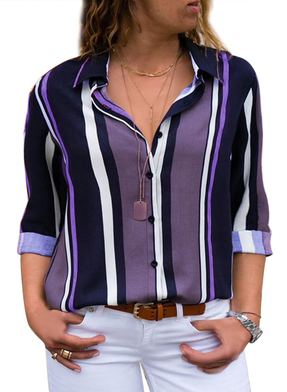EytinoWomen Plus Size V Neck Striped Button Down Long Roll Up Sleeve Loose Casual Blouses Shirts Tops(1X-5X)