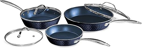 OrGREENiC Blue Hammered Cookware Collection Juego de 3 piezas con tapas Cerámica antiadherente para calefacción uniforme Seguro para OrGREENiC Blue Hammered Cookware Collection Juego de 3 piezas con tapas Cerámica antiadherente para calefacción uniforme Seguro para