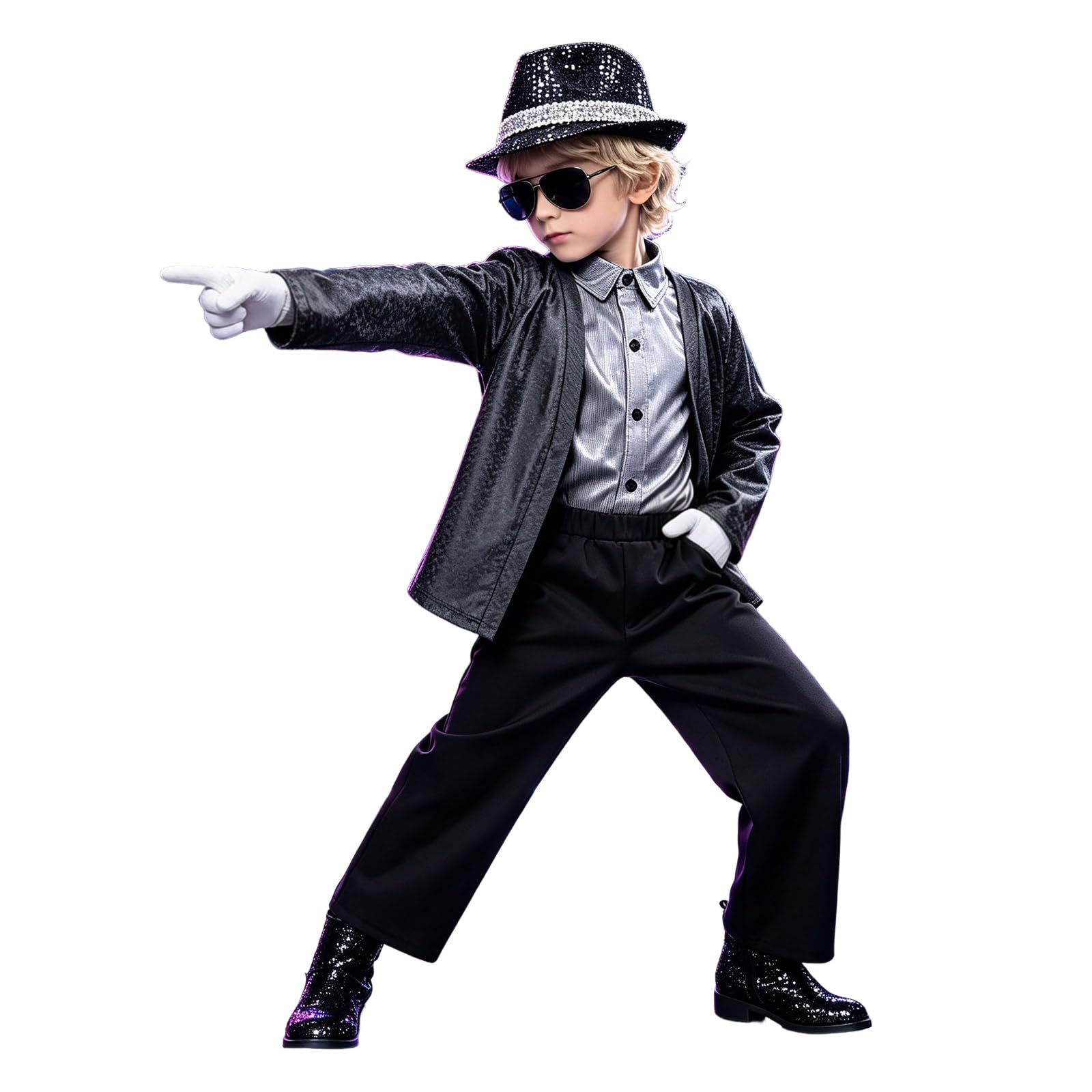 Kids Performance Outfit Sequin Costume for Boys Girls Jacket Pants Gloves Sunglasses Hat Sets Stage Party Halloween Cosplay Dance Wear Show 80s Disco Outfit Pop Star Costume