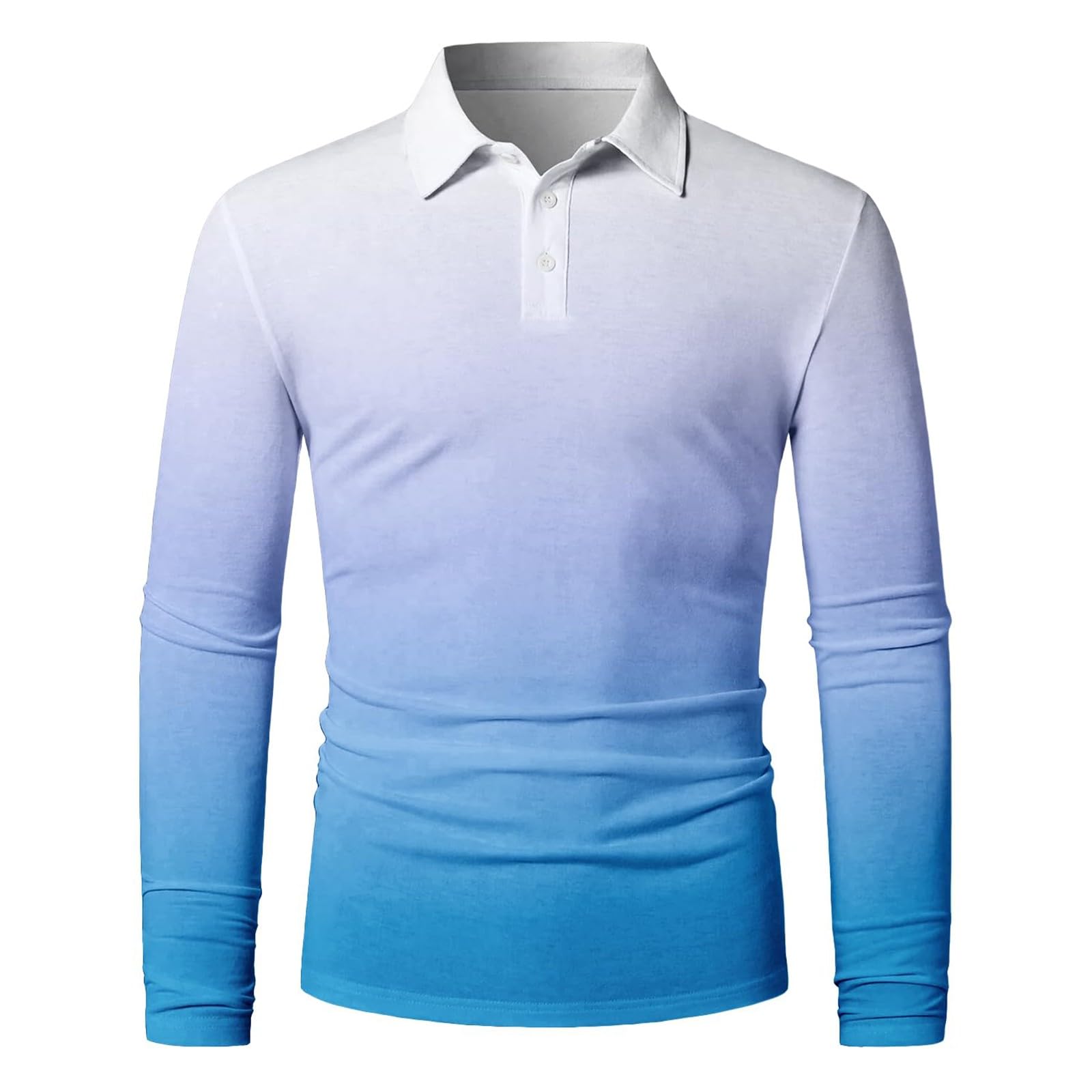 Generico Polo Uomo Manica Lunga a Colore Sfumato Ombré, Colletto Abbottonato Leggero, Modello Raffinato Adatto per Il Golf, Tennis e uscite quotidiane(1A-Sky Blue, XXXXL)