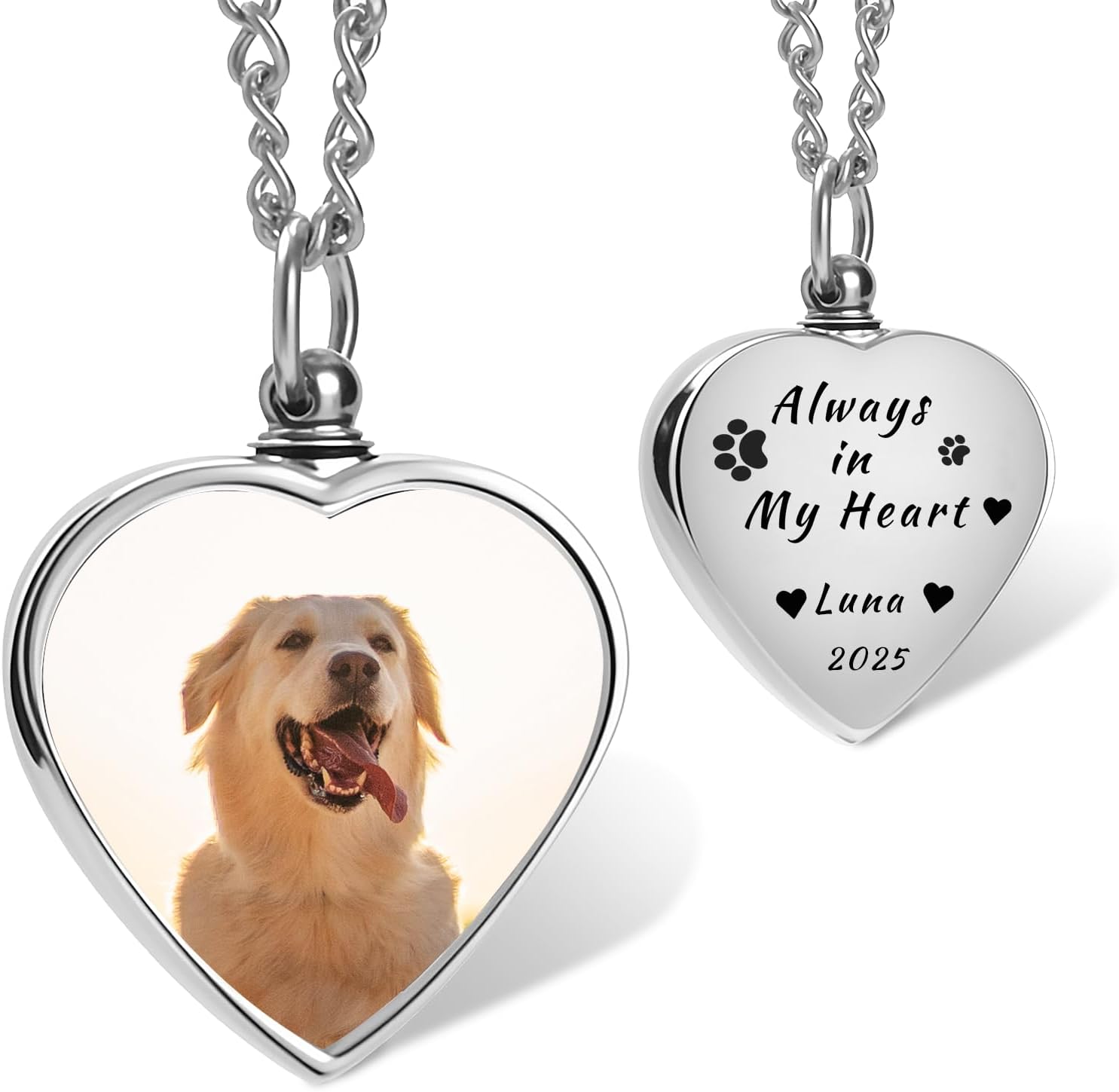 QYH Personalized Pet Ashes Necklace - Memorial Urn Pendant for Dog Cat Ashes with Picture & Text, Cremation Keepsake Jewelry, Customized Gifts for Pet Loss