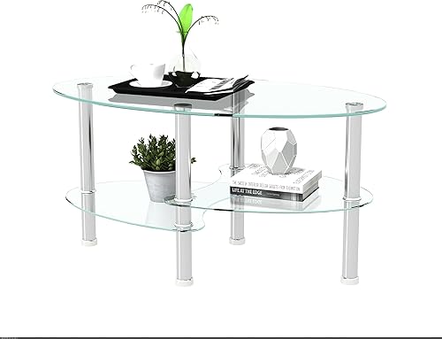 Miniatura 6 de Aperturee Mesa auxiliar ovalada de vidrio templado transparente de 3 capas con patas de acero inoxidable para almacenamiento, mesa auxiliar moderna