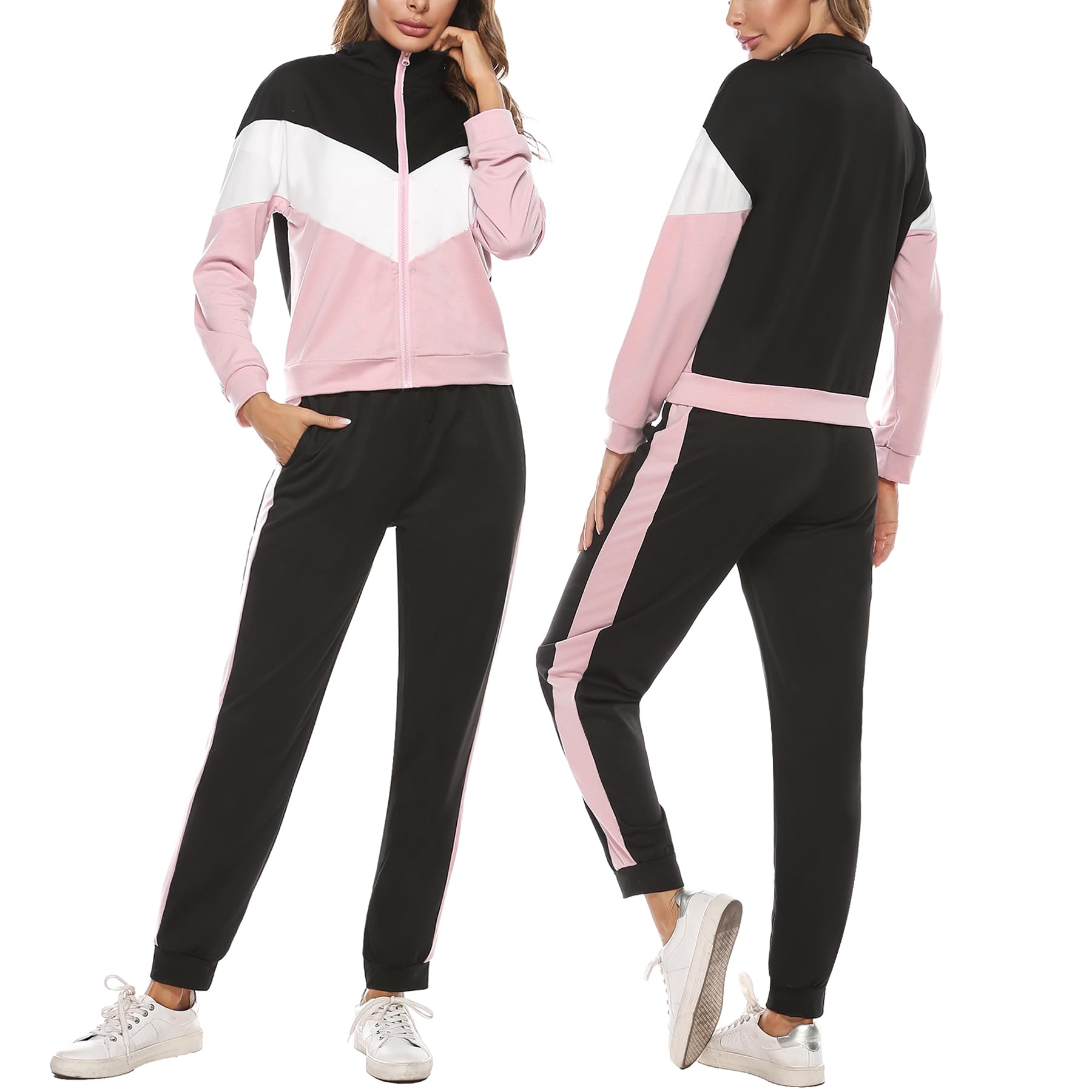 Marvmys Survêtement Femme Couleurs Contrastées élégant Sport Ensemble Sportwear à Manches Longues Zippé Pour Fitness Jogging