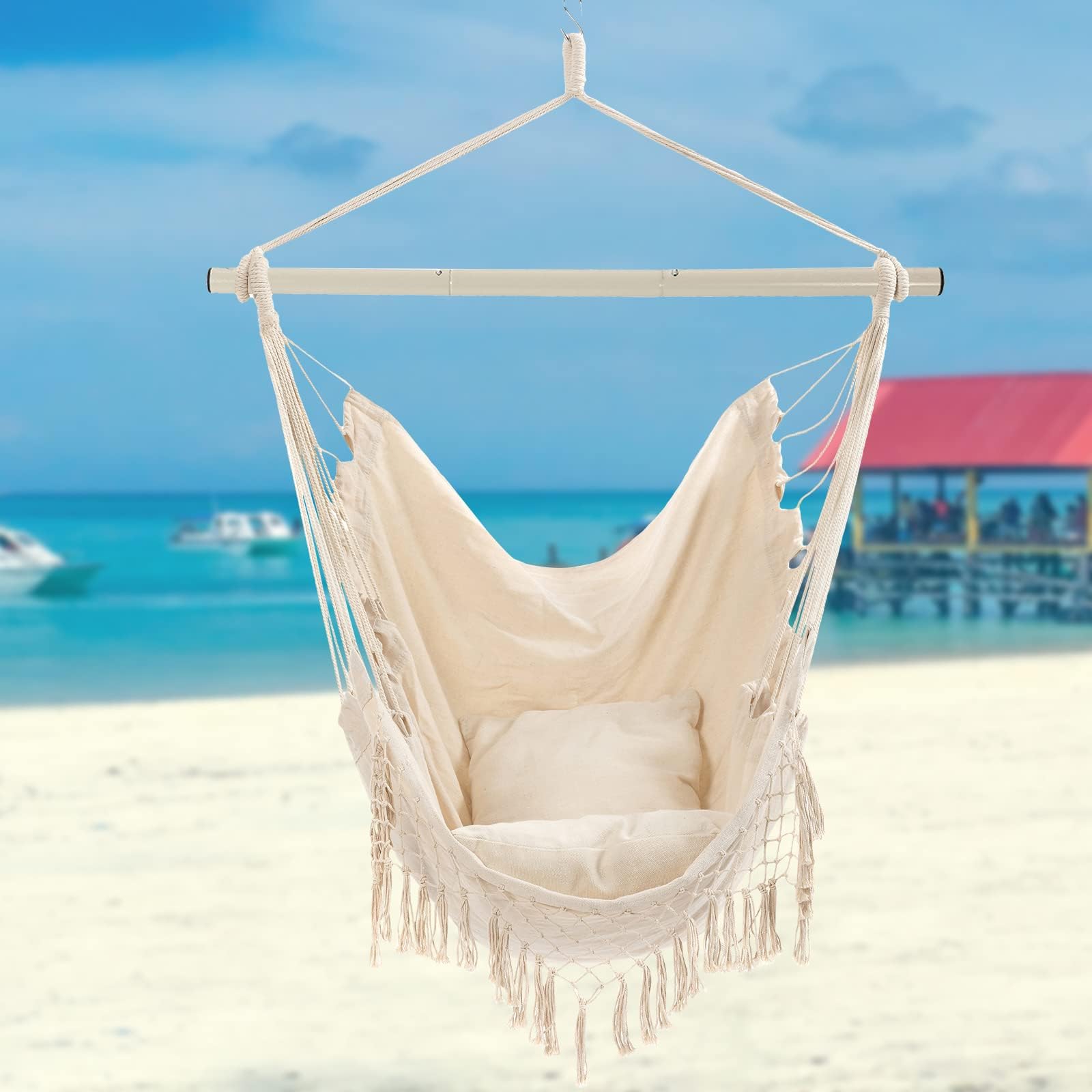 Chaise hamac, siège Suspendu avec 2 Coussins, Chaise Suspendue en macramé avec Poche latérale et Tige métallique à Haute capacité de Charge, pour l'intérieur et l'extérieur.