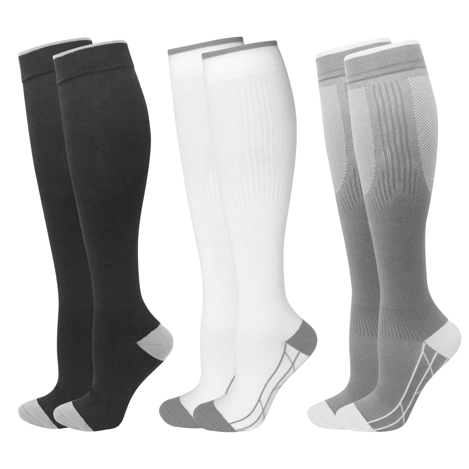 Rudfovn Unisex Multicolor 3 Pairs Compression Socks For Women Men Flying, 20-30Mmhg Knee High Travel Support Stockings, Ladies Flight Pressure Socks