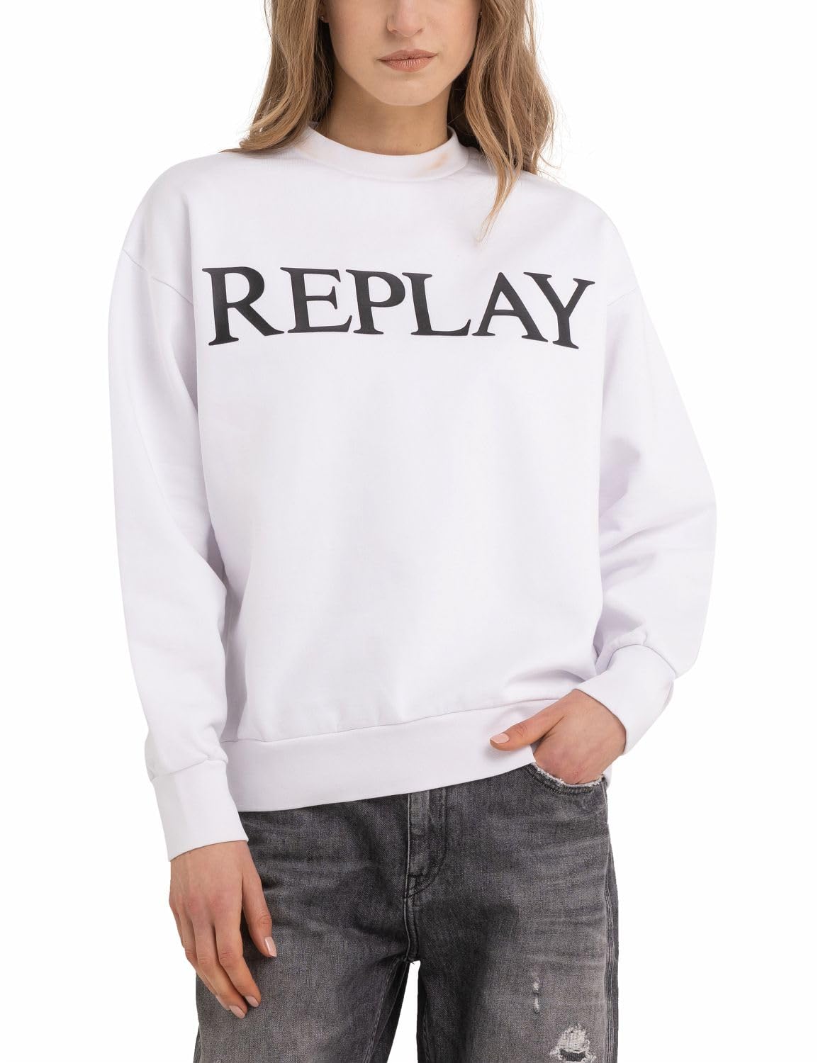 REPLAY women's sweatshirt made of 100% cotton, Optical White 001 (White), XXS