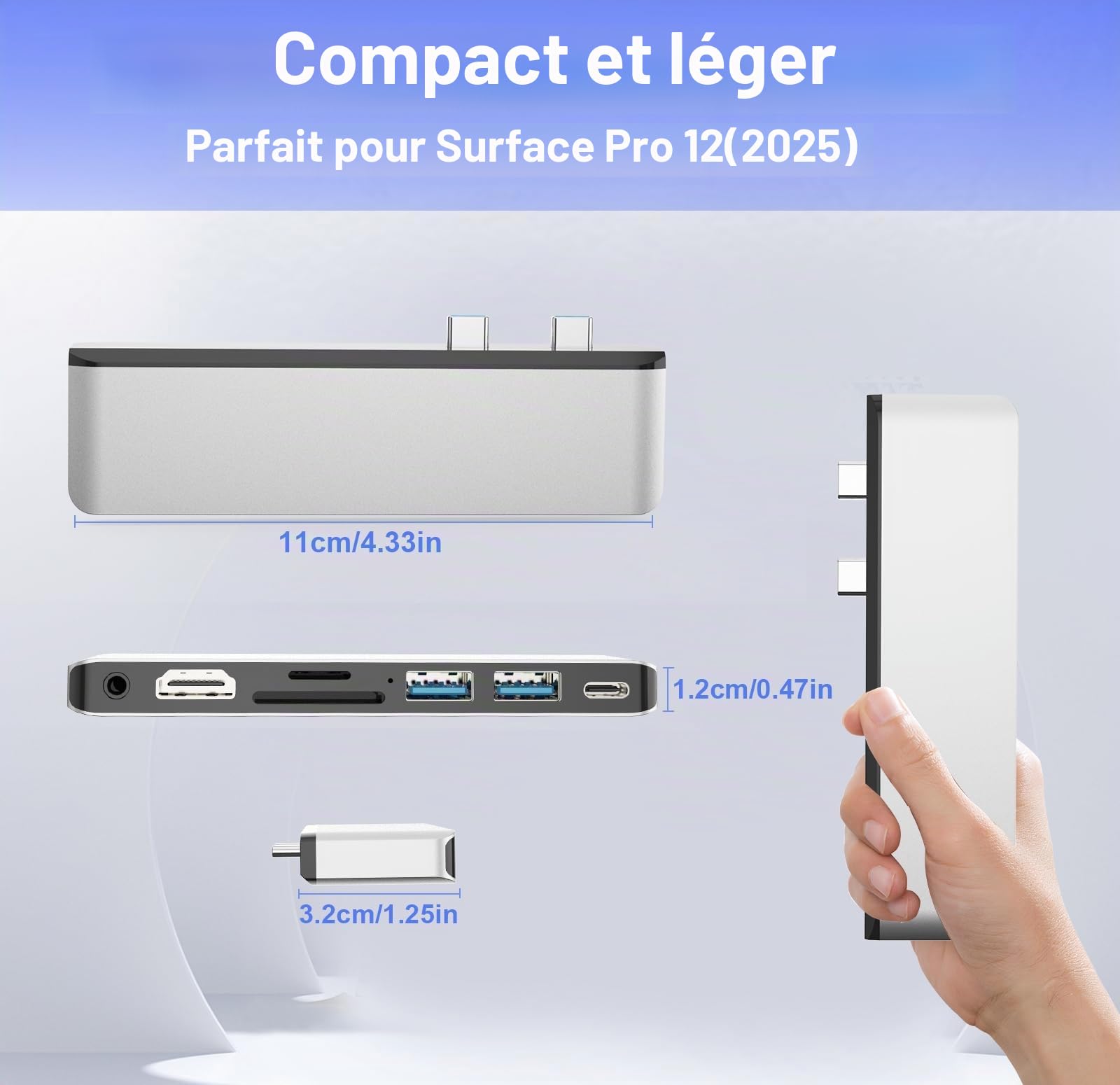 Station d'accueil pour Surface Pro 12 accessoires, concentrateur USB et adaptateur avec HDMI 4K, USB-C Thunderbolt 4 (affichage+données + PD 100 W), 2 USB 3.0, audio 3,5 mm, fente pour carte SD/TF