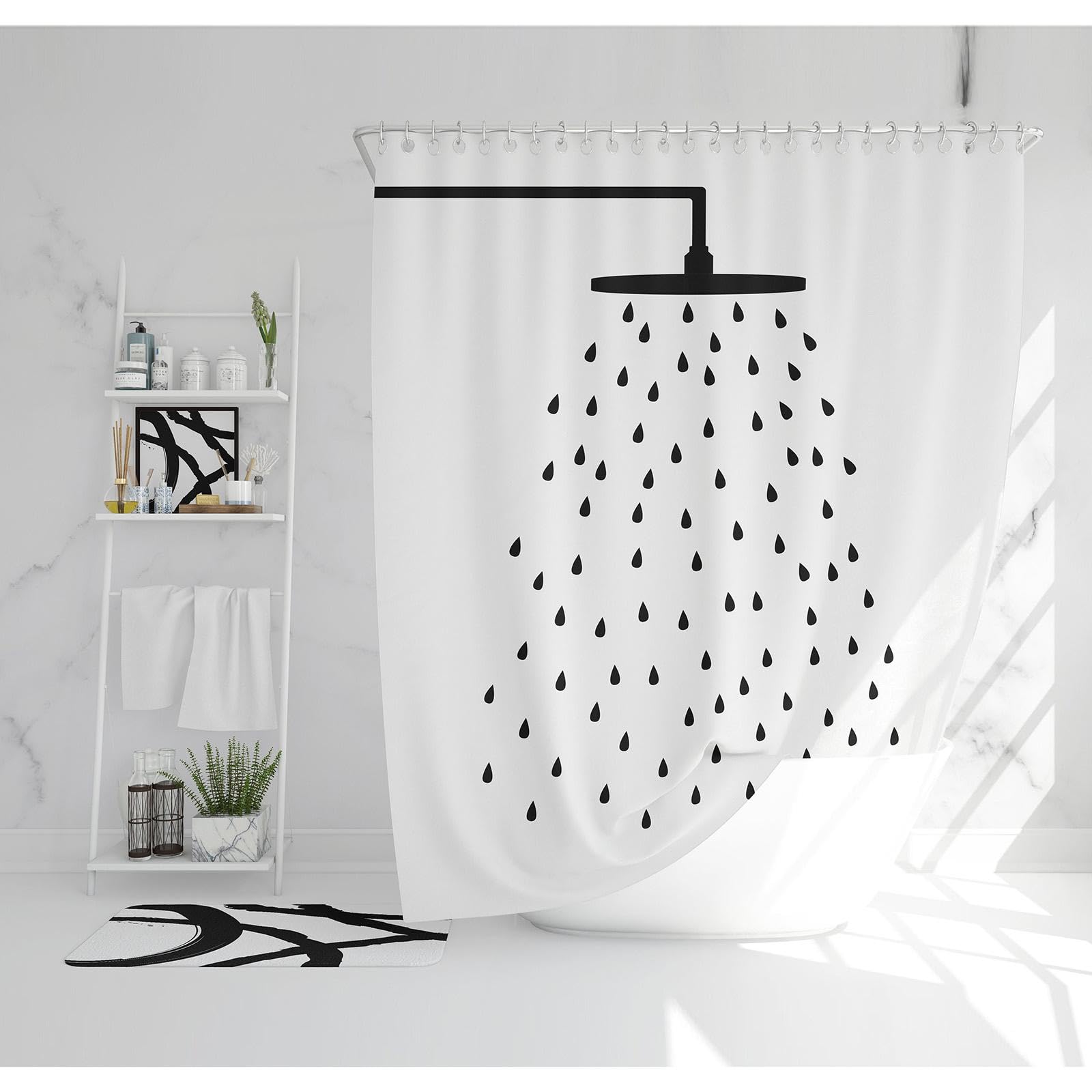 Cortina de Ducha con Cabezal de Ducha, Forro de Cortina de baño de Tela en Blanco y Negro, tamaño Extra Largo y estándar, decoración 300 x 200 cm/118 x 79 Pulgadas (Ancho x Alto).