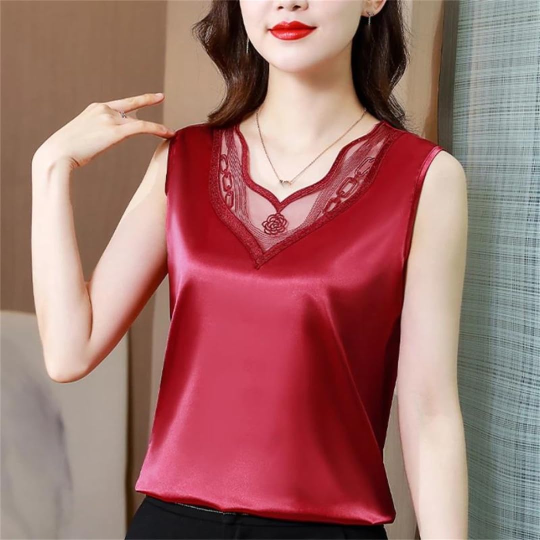 Camicette da donna in seta con pizzo floreale senza maniche allentate top casual