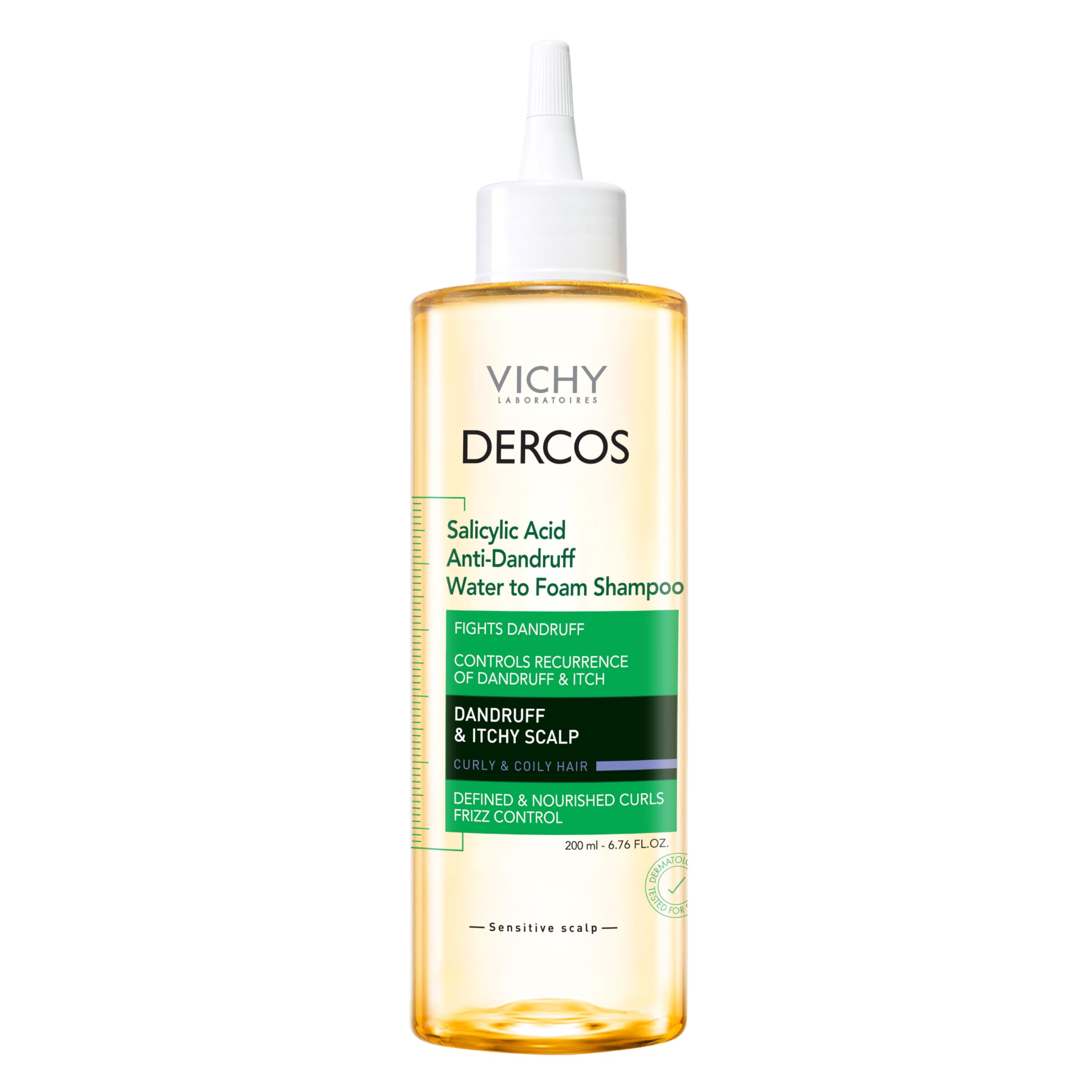 Dercos Salicylic Acid Anti Dandruff Shampoo, 200 ml, Water to Foam Dandruff Shampoo and Itchy Scalp Treatment, Provides Definition & Frizz Control for Curly Hair Types, Sulfate Free