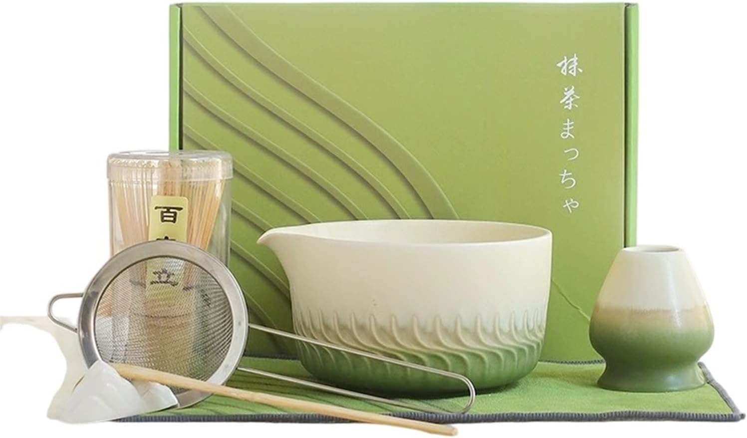 Matcha Whisk Set, 7 Pcs Japanese Tea Set, Whisk and Bowl, Sifter, Whisk Holder, Bamboo Scoop, Scoop Stand, Tea Towel for CeremonyBlau, 80x50cm