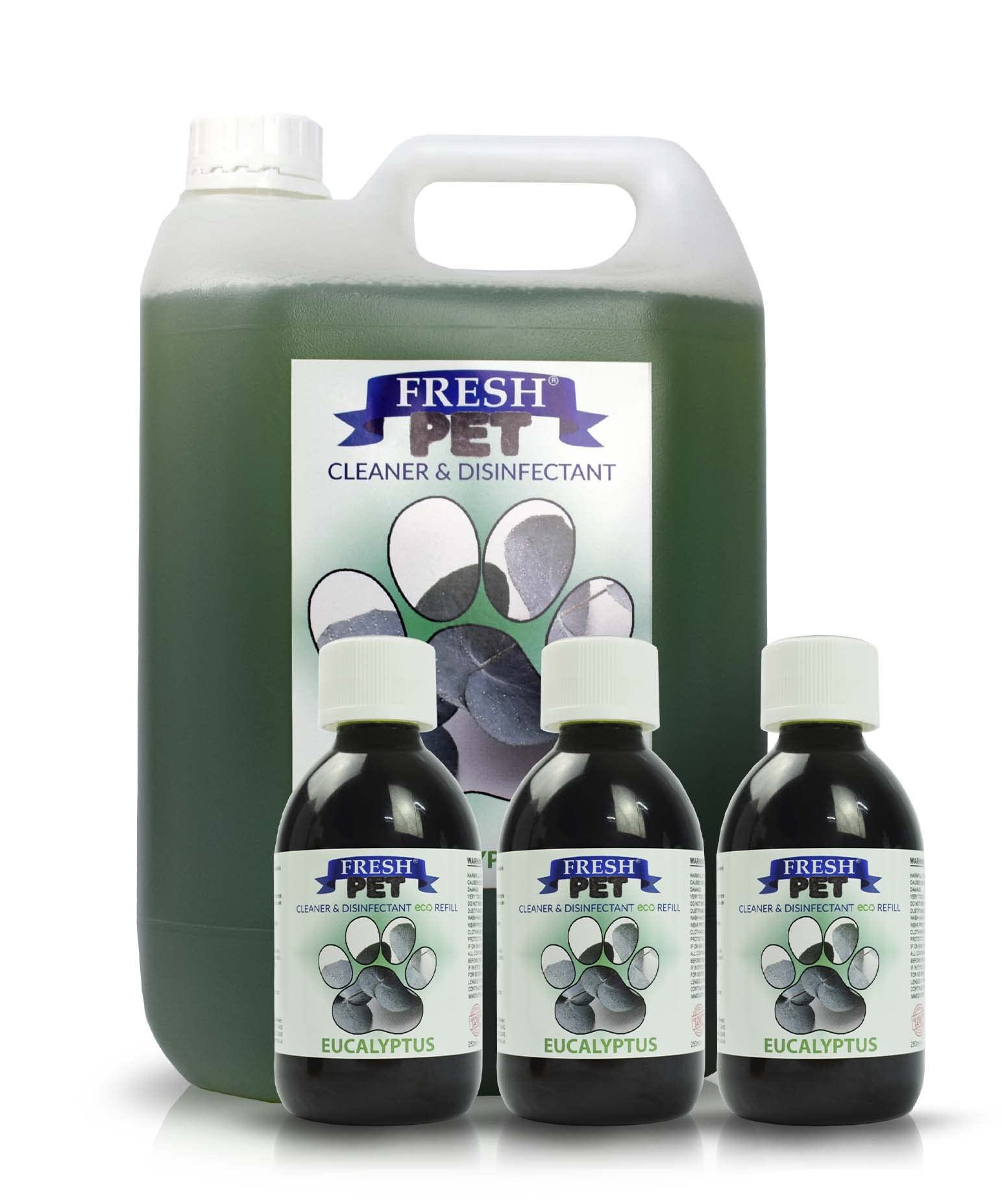FRESH PET CLEANER DISINFECTANT KENNEL/CATTERY PRE FILLED 1x 5L & 3x 250ml Eco (Eucalyptus)