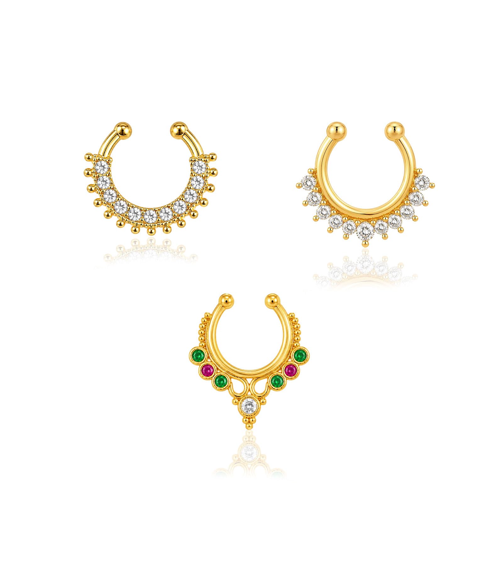 vama FASHIONS 3 Pcs 18K Gold Plated Anti Tarnish AD Stone Septum Middle Nose Ring Without Piercing Pressing Clip On Nosering Horsehole Shape Lightweight Fake Hoop Nosepin Combo Set for Girls-picture-40