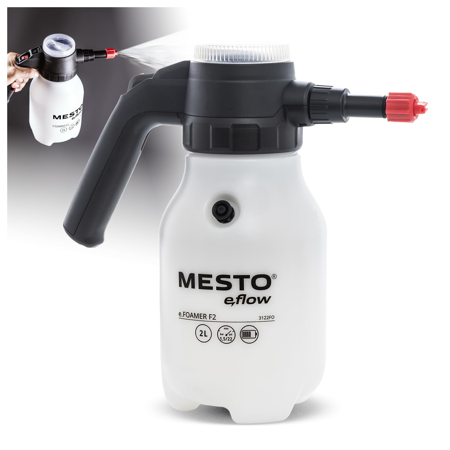 MESTO e.FOAMER F2 Akku-Schaumsprüher 2 L | Elektrischer Schaumsprüher für Auto & Reinigung | Foam Sprayer 1,5 Bar | Schaum Sprühflasche für leicht saure Flüssigkeiten | inkl. USB-C Kabel