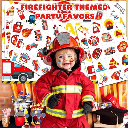 Image of 96 PCS Firefighter Firetruck Pre-Cut Temporary Tattoos for Kids | | Super Cute Themed Birthday Party Favors, Supplies, Decorations, Fake Tattoo Stickers Rewards & Gifts For Boys & Girls