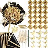 SEMONONIA DIY Glitter Roses Bouquet 24Pcs - Gold Artificial Glitter Rose with Stems Wrapping Paper 3D Butterflies Crowns for Graduations Anniversary Birthday Wedding Mother's Day Bouquets,for Her