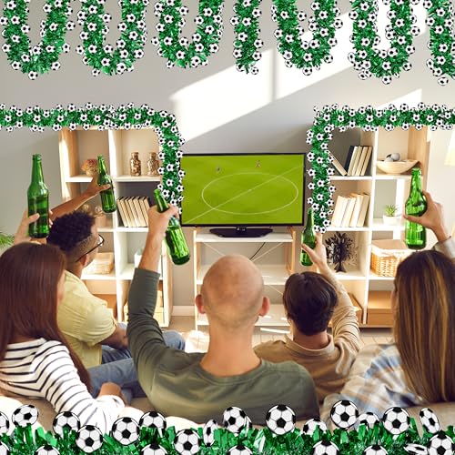 Image of 50Ft Soccer Tinsel Garlands, Green Glitter Tinsel Garland with 3D Soccer Cutouts, Metallic Holiday Hanging Streamers for Game Day Party Sports Bar Indoor Outdoor Party Decor