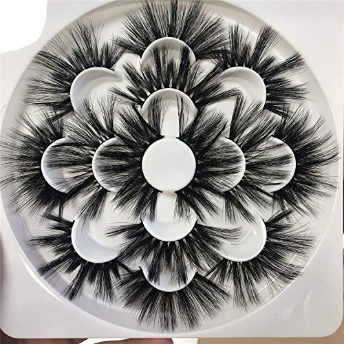 PLEELL 3D Mink 25mm Lashes,7 Pairs Long Dramatic Faux Fluffy False Eyelashes Crossed Lashes Wispy Handmade Volume Eye Makeup Mink