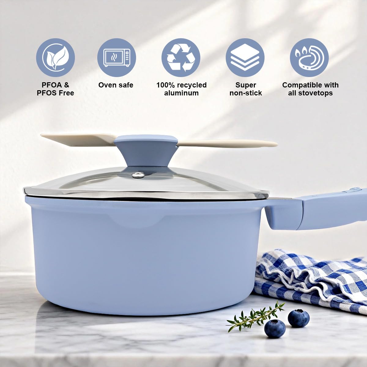 Casseruola 16cm con coperchio, casseruola antiaderente da 1,5L con manico rimovibile, adatto al forno (Blu)