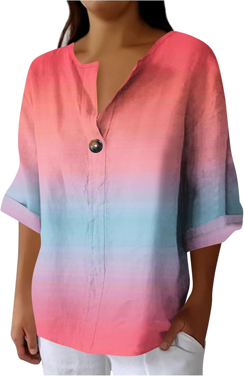 3/4 Length Sleeve Womens Tops Cotton Linen V Neck T Shirts Summer Beach Casual Boho Three Quarter Sleeve Top