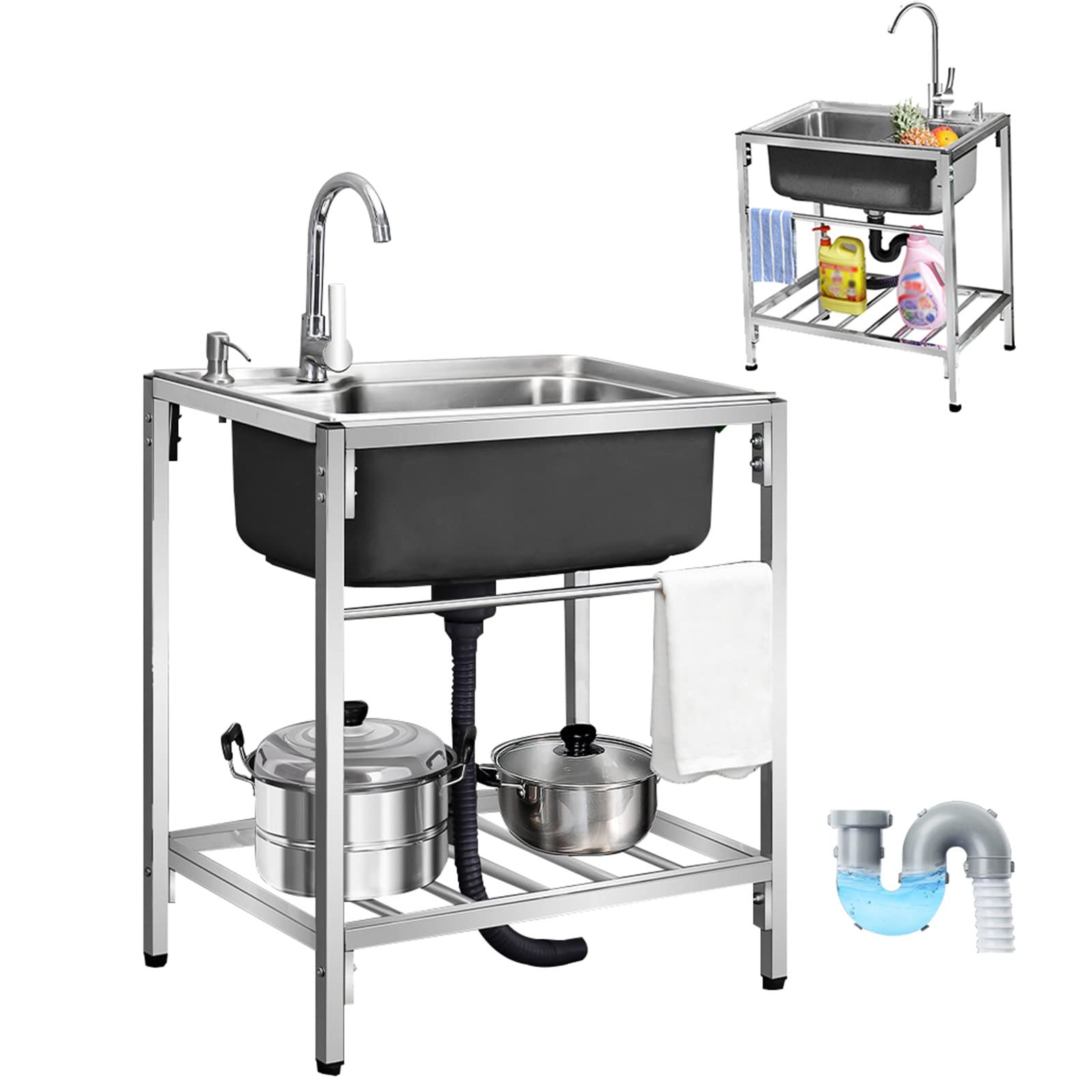 WORDFUN Freestanding Stainless Steel Sink, Camping Sink, Outdoor Kitchen Units, Kitchen Sink Work Station, Outdoor Garden Sink, Utility Vegetable Cleaning Table, Simple Sink