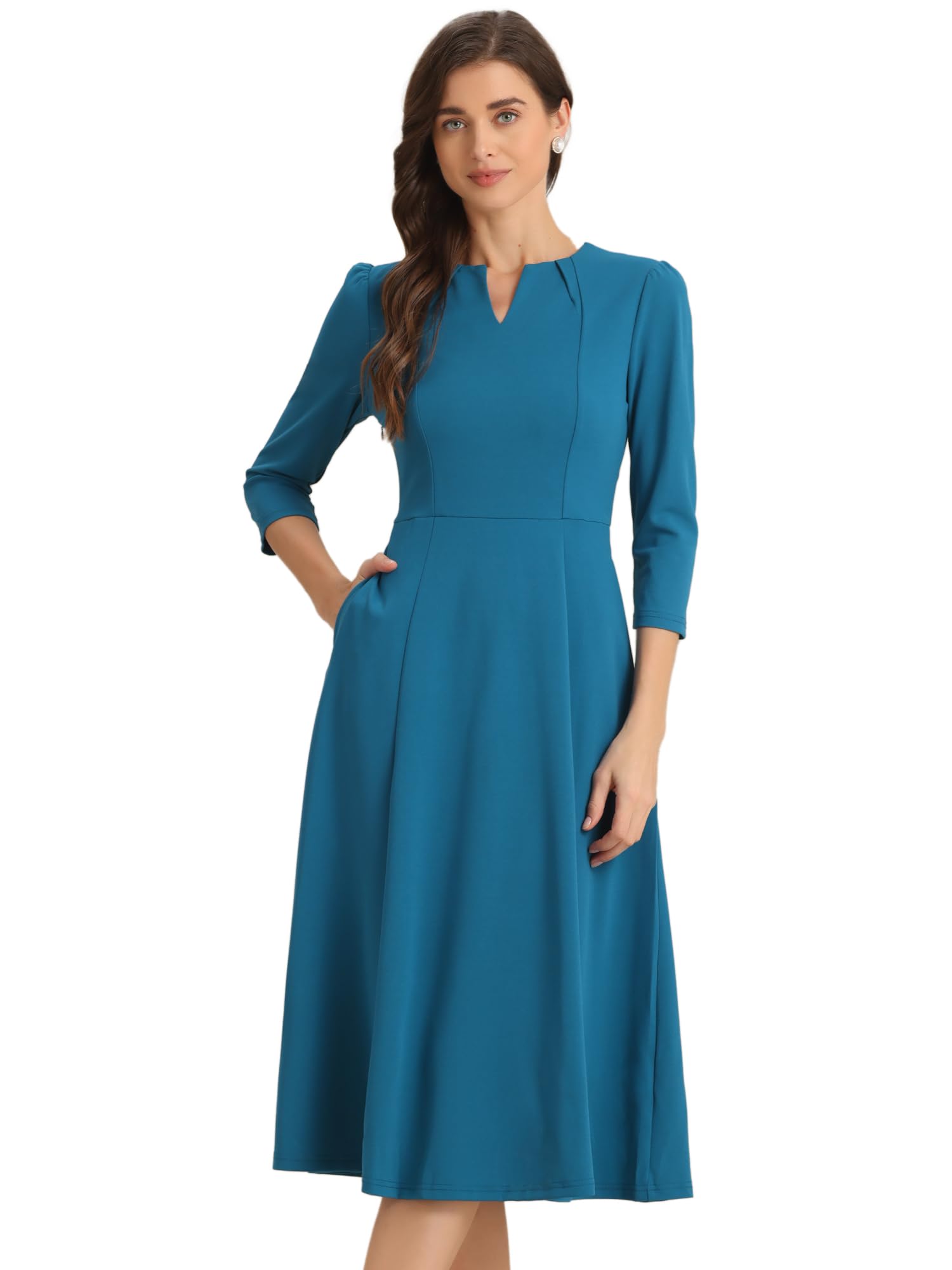 Allegra K Women's 3/4 Sleeve Dresses V Neck Elegant A-Line Work Business Formal Midi Dress with Pockets