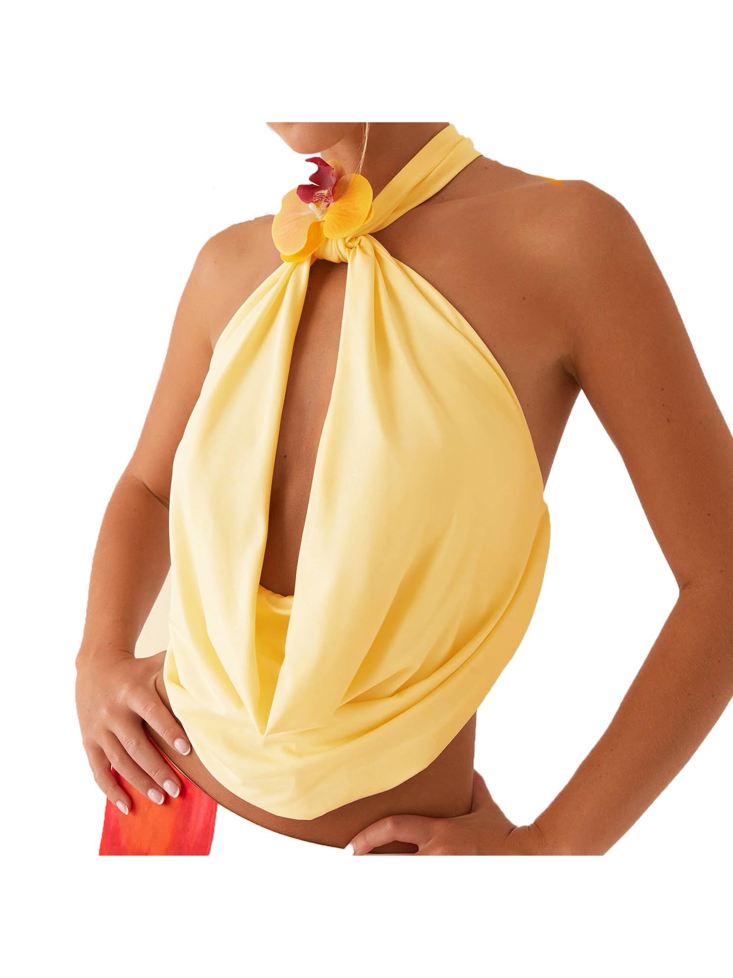 Acrawnni Women Backless Halter Neck Cami Tops Sleeveless Open Back Deep V Neck Slim Fit Tank Tops Y2K Summer Clubwear (F-Orange, L)