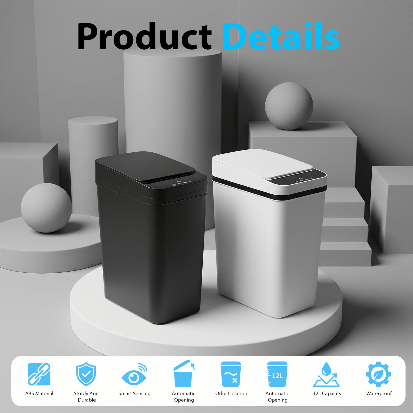 Cubo de Basura Automático con Sensor 12L, Set de 2 Papelera Inteligente con Tapa Automática Silenciosa e Impermeable, Sin Contacto para Baño, Cocina, Oficina, Dormitorio