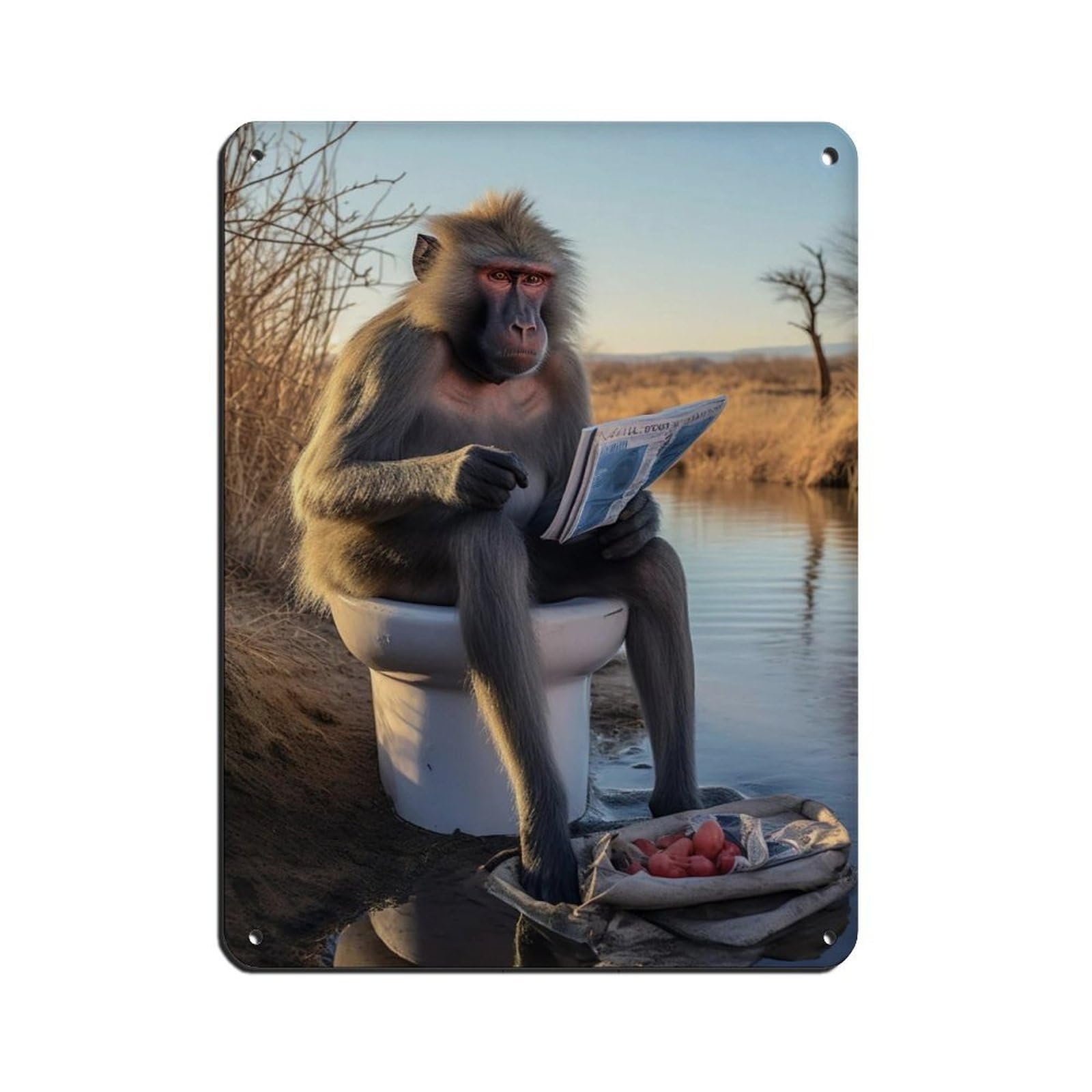 Mandrill Monkey Sitting on The Toilet Reading A Newspaper (5) Tin Sign Vintage Metal Pub Club Cafe Bar Home Wall Art Decoration Poster Retro 12x16inch(30x40cm)