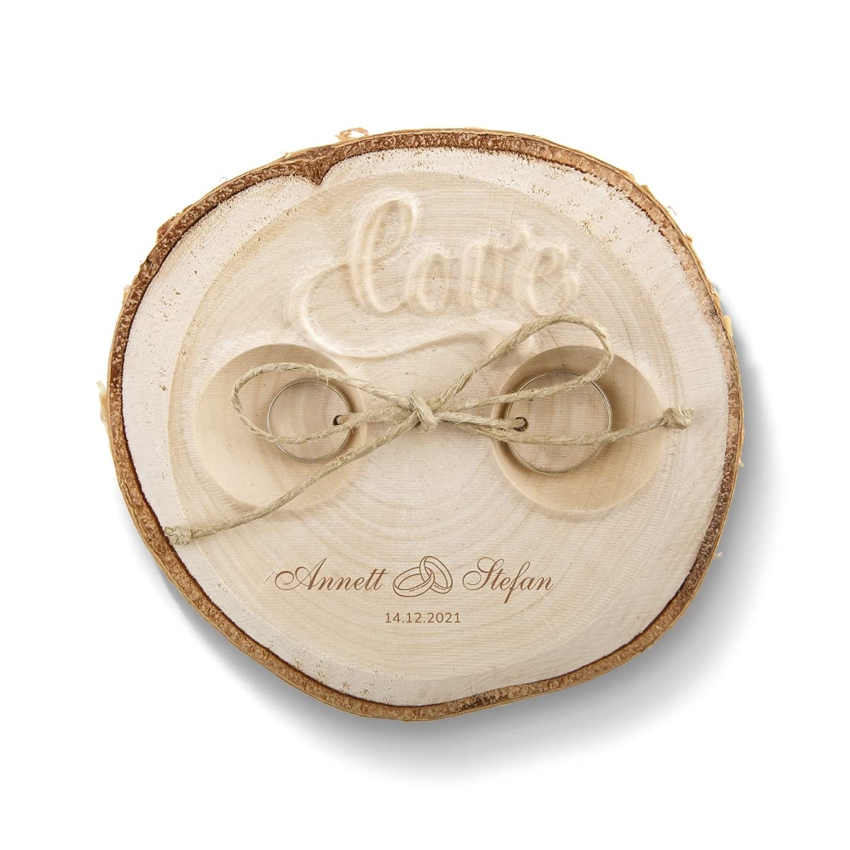Kartenmachen.de Individuelles Hochzeit Ringkissen Love Birkenscheibe inkl. Text Namen Gravur ca. 11 cm Durchmesser - Zwei Ringe Motiv