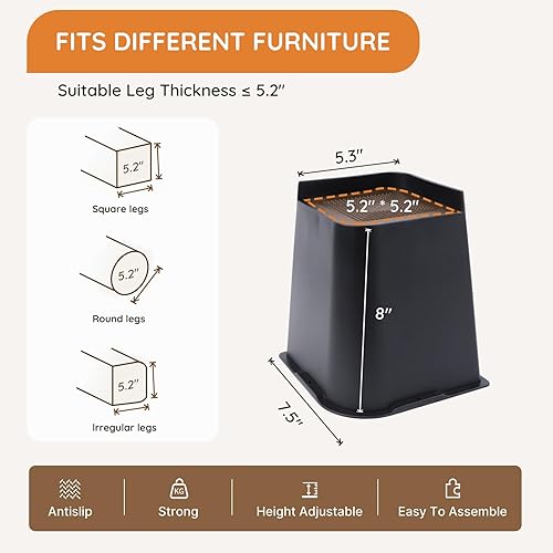 Miniatura 4 de JONHWI Elevadores de cama, elevadores de muebles de gran tamaño, bloques de elevación de 8 pulgadas para cama, sofá, escritorio, sofá, mesa,