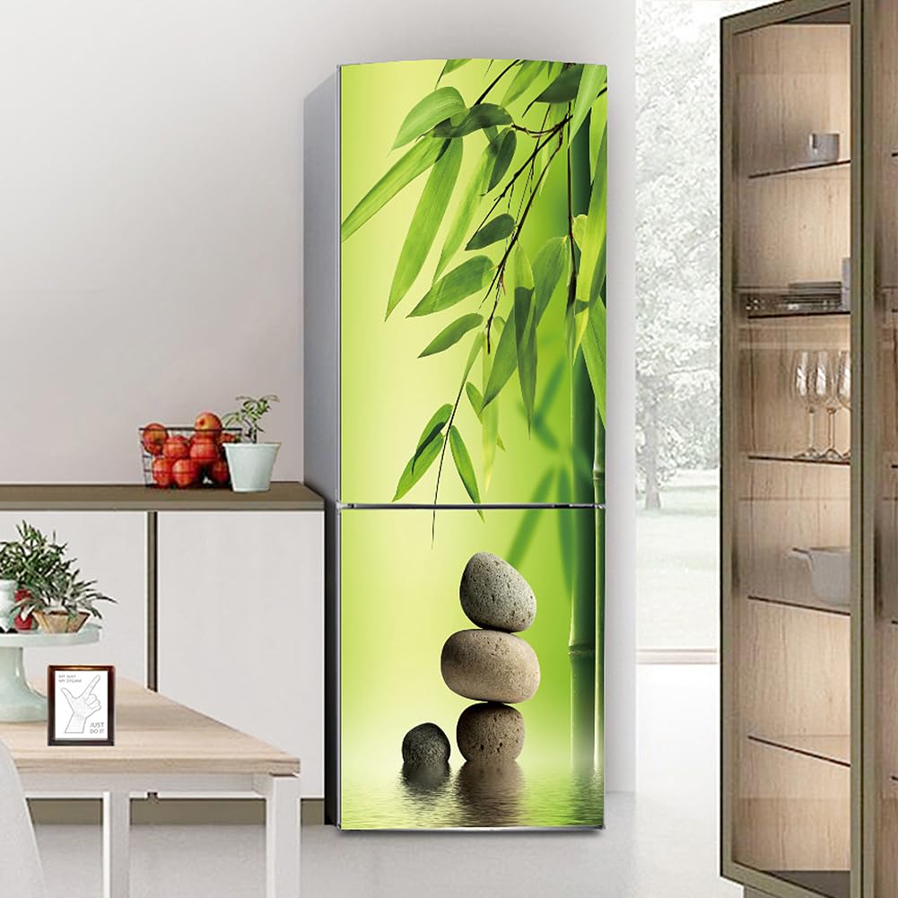 Myxjx Green Fridge Wrap, Full Covering Door Fridge Covers Skins Wall Stickers For Kitchen Decal, Bamboo Leaf Harmonious Stone